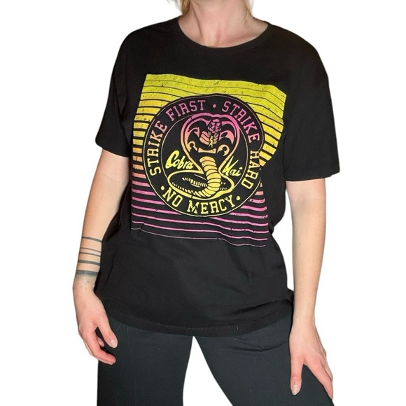 Cobra Kai Strike First Strike Hard No Mercy graphic purple & yellow T Shirt - Picture 3 of 8